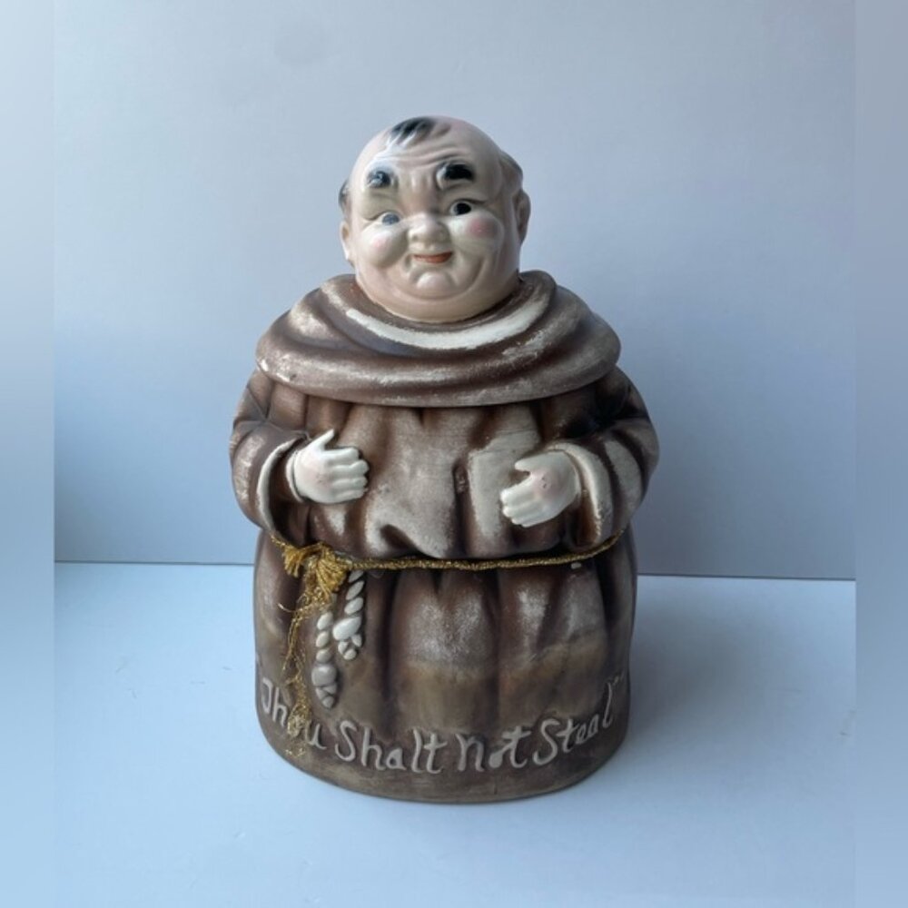 Vintage 1950s GiftCraft Monk “Thou Shalt Not Steal” Cookie Jar Collectible, 9.5”